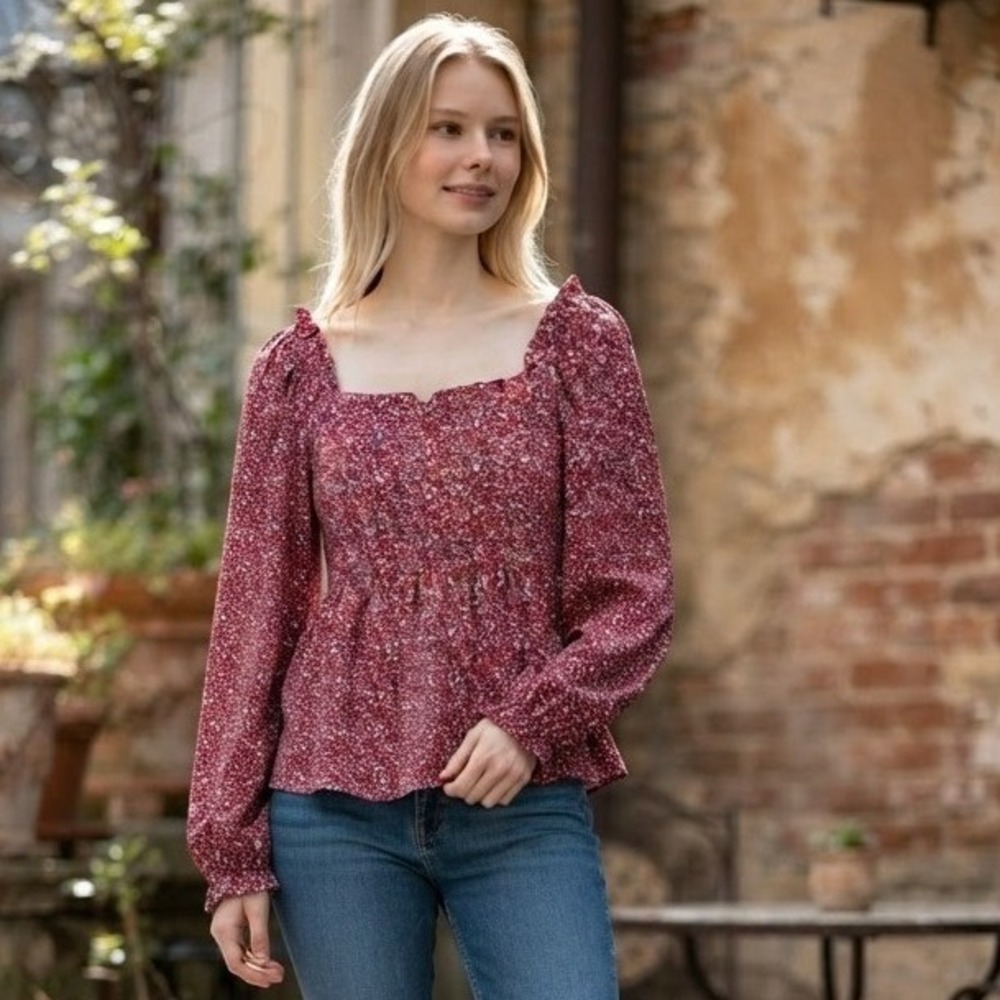 Mikarose Floral Peplum Top Womens Size M Burgundy Red Smocked Back Long Sleeve